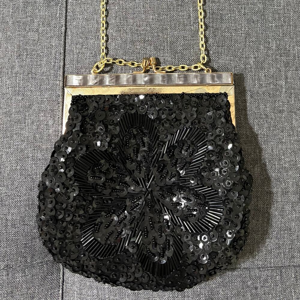 Vintage Rimco Sequin Beaded Clutch Black Chain Strap Resin Detail Made Hong Kong